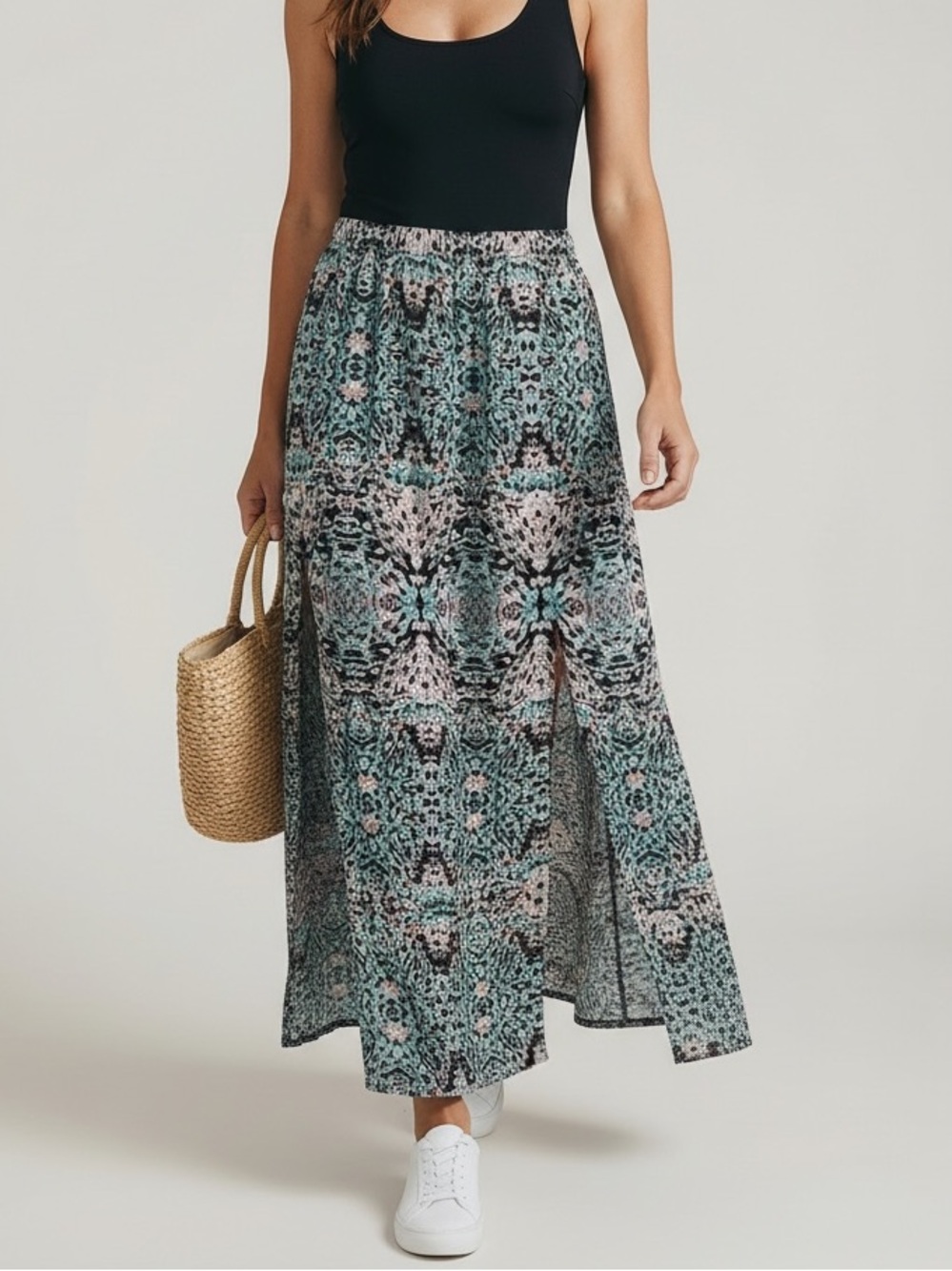 Resortwear Teal Black Split Hem Maxi Skirt Vacation Summer Cruise Wear